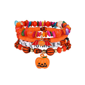 4 Pieces Halloween Soft Ceramic Zinc Alloy Pumpkin Bat Handmade Beaded Elastic Adjustable Fashion Bracelet Set