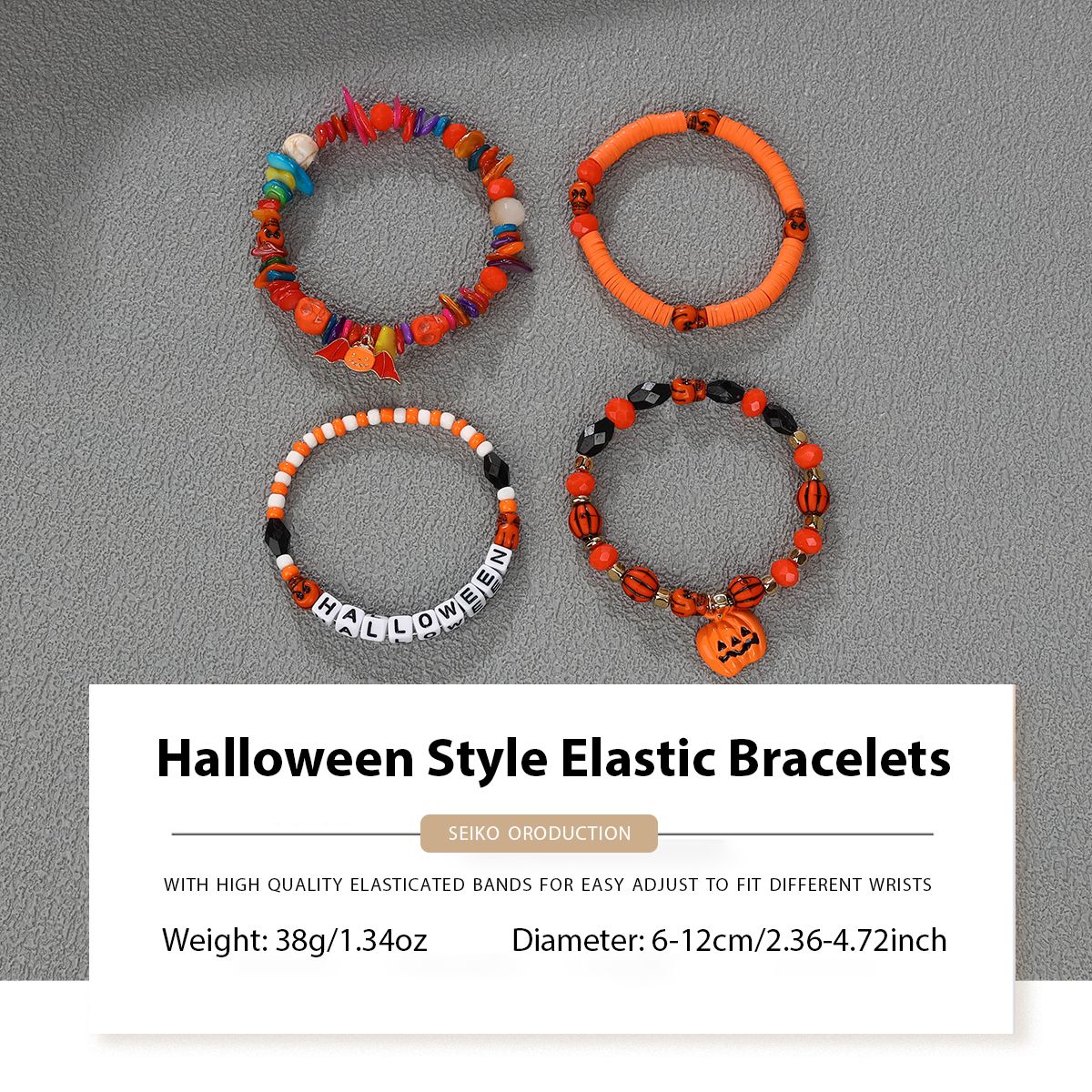 4 Pieces Halloween Soft Ceramic Zinc Alloy Pumpkin Bat Handmade Beaded Elastic Adjustable Fashion Bracelet Set