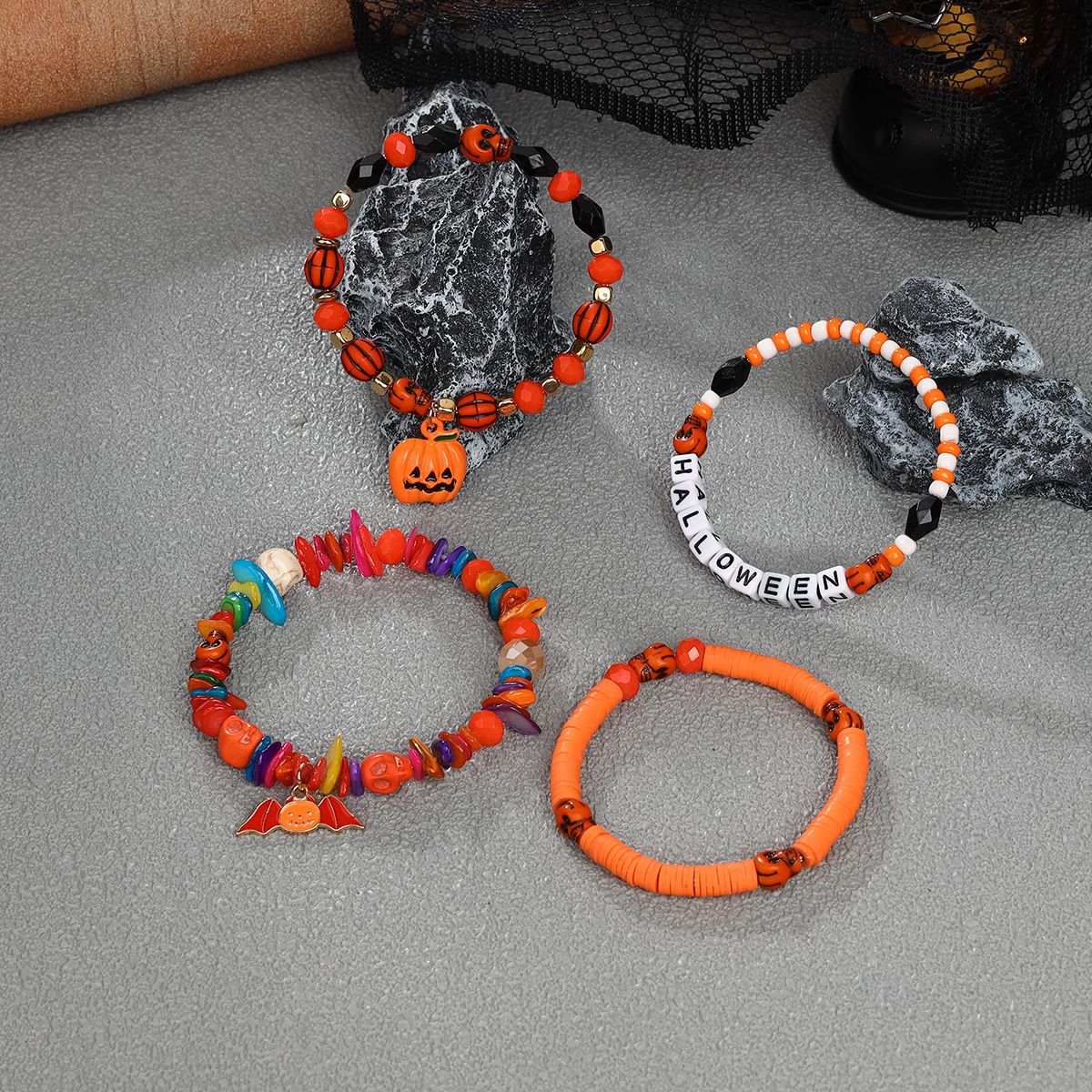 4 Pieces Halloween Soft Ceramic Zinc Alloy Pumpkin Bat Handmade Beaded Elastic Adjustable Fashion Bracelet Set