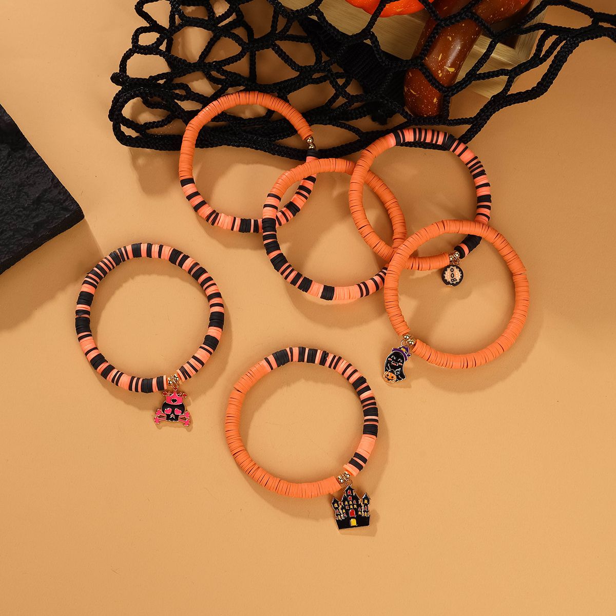 6 Pieces Halloween Soft Ceramic Zinc Alloy Castle alphabet Handmade Beaded Elastic Adjustable Fashion Bracelet Set