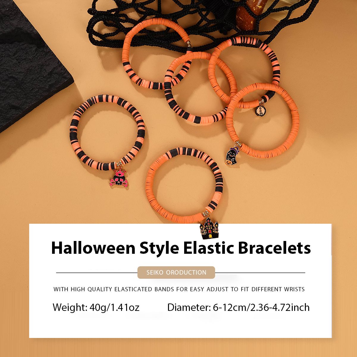 6 Pieces Halloween Soft Ceramic Zinc Alloy Castle alphabet Handmade Beaded Elastic Adjustable Fashion Bracelet Set