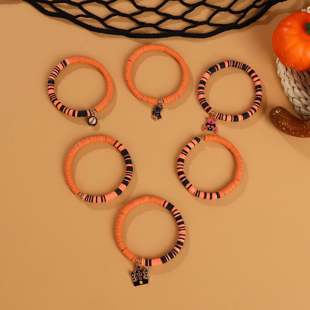 6 Pieces Halloween Soft Ceramic Zinc Alloy Castle alphabet Handmade Beaded Elastic Adjustable Fashion Bracelet Set