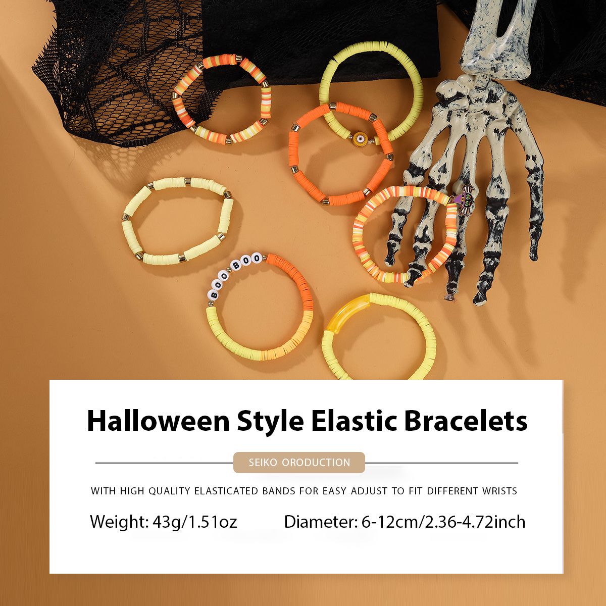 7 Pieces Halloween Soft Ceramic Zinc Alloy Spider Eyes alphabet Handmade Beaded Elastic Adjustable Fashion Bracelet Set