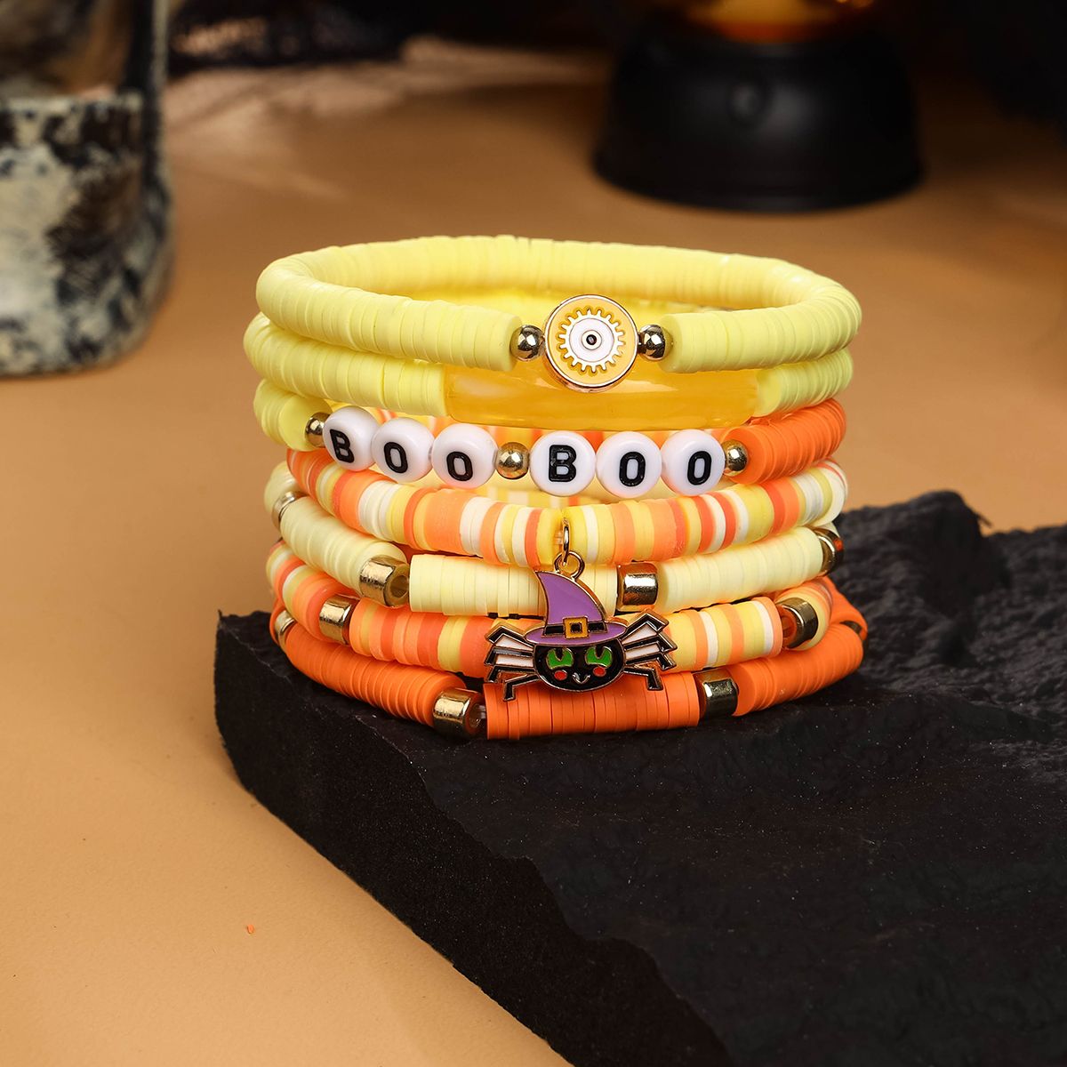 7 Pieces Halloween Soft Ceramic Zinc Alloy Spider Eyes alphabet Handmade Beaded Elastic Adjustable Fashion Bracelet Set