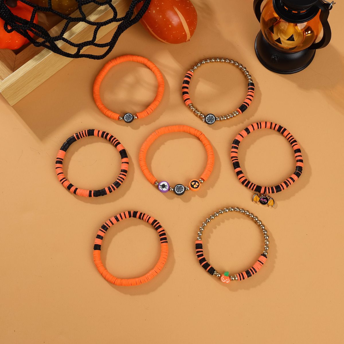 7 Pieces Halloween Soft Ceramic Zinc Alloy Bat Pumpkin Handmade Beaded Elastic Adjustable Fashion Bracelet Set