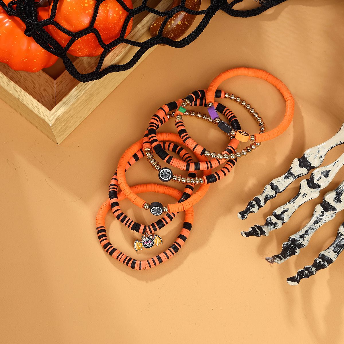 7 Pieces Halloween Soft Ceramic Zinc Alloy Bat Pumpkin Handmade Beaded Elastic Adjustable Fashion Bracelet Set