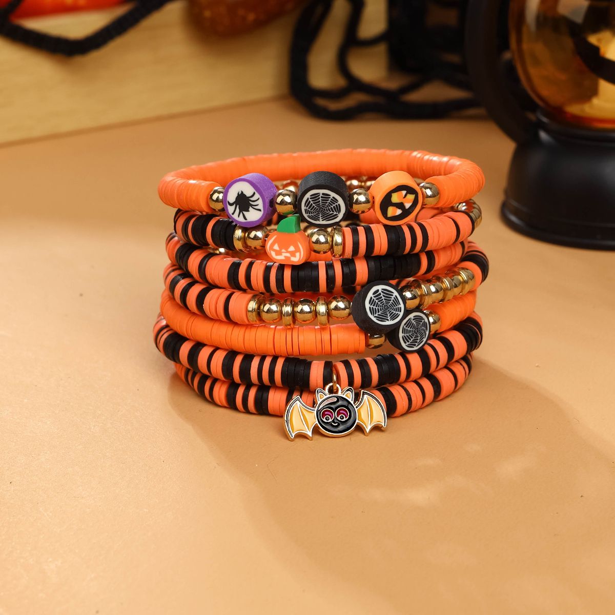 7 Pieces Halloween Soft Ceramic Zinc Alloy Bat Pumpkin Handmade Beaded Elastic Adjustable Fashion Bracelet Set