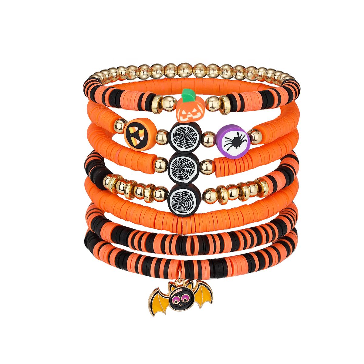 7 Pieces Halloween Soft Ceramic Zinc Alloy Bat Pumpkin Handmade Beaded Elastic Adjustable Fashion Bracelet Set