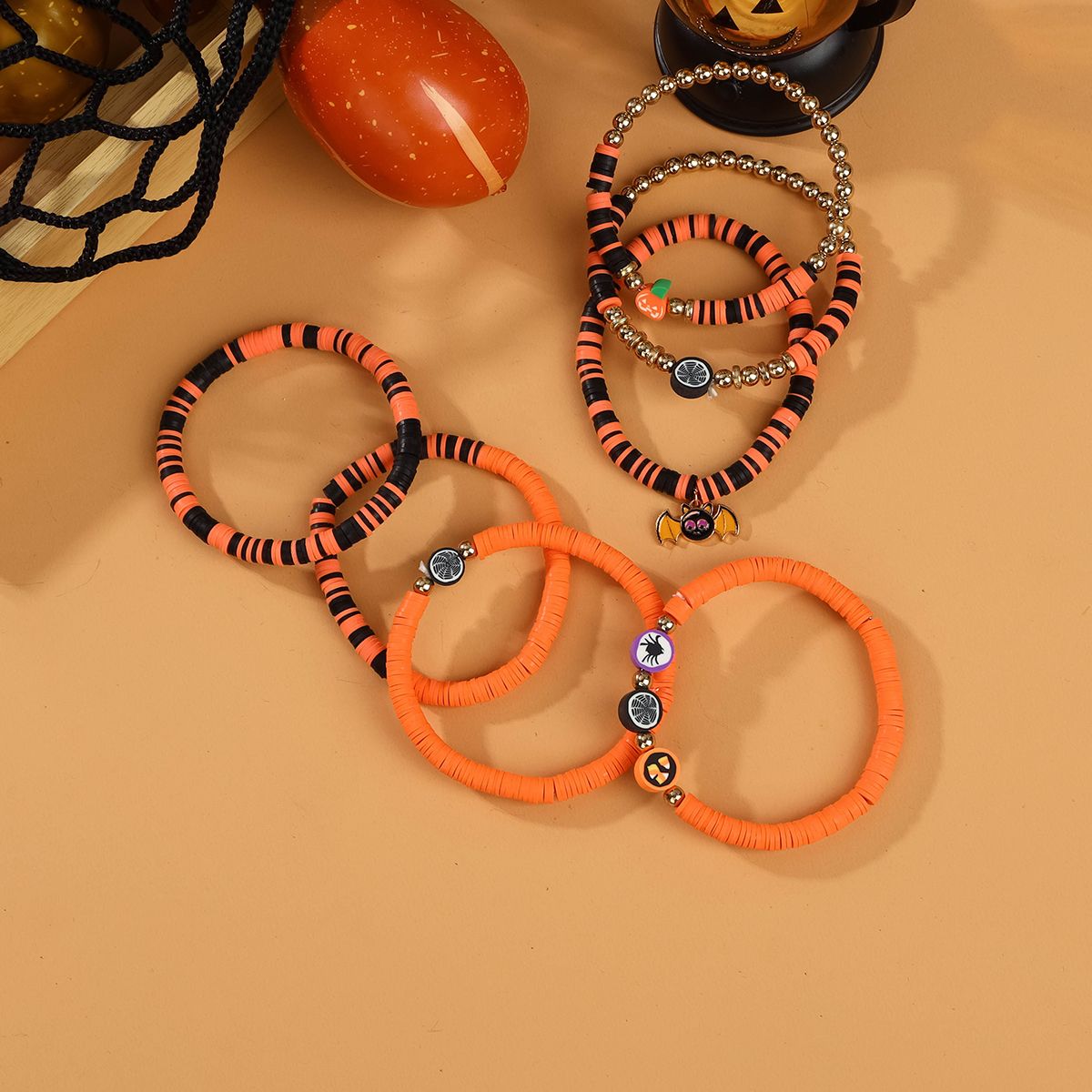 7 Pieces Halloween Soft Ceramic Zinc Alloy Bat Pumpkin Handmade Beaded Elastic Adjustable Fashion Bracelet Set