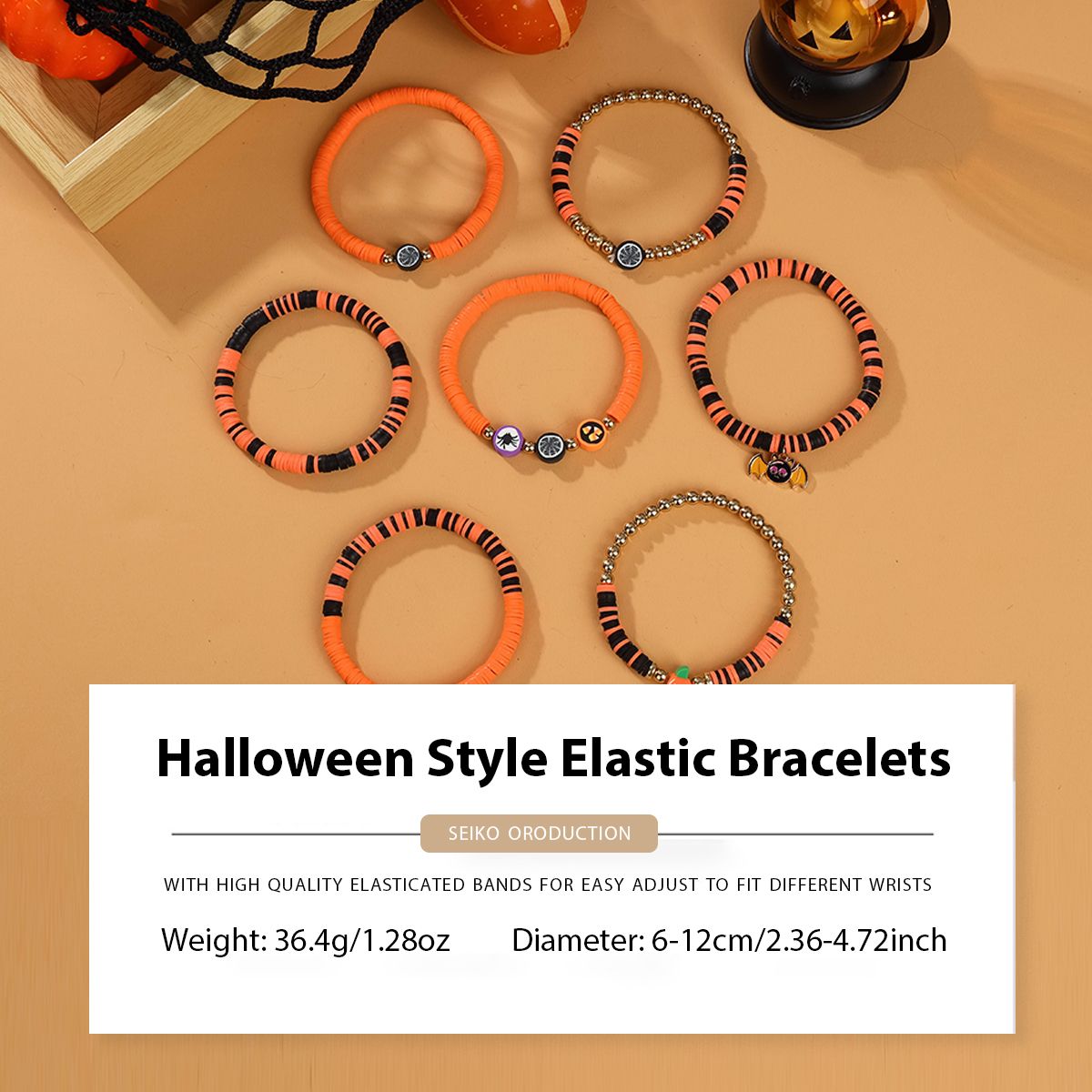 7 Pieces Halloween Soft Ceramic Zinc Alloy Bat Pumpkin Handmade Beaded Elastic Adjustable Fashion Bracelet Set