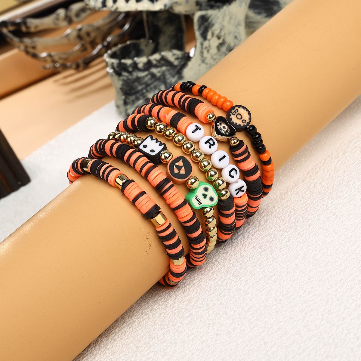 7 Pieces Halloween Soft Ceramic Zinc Alloy heart alphabet Handmade Beaded Elastic Adjustable Fashion Bracelet Set