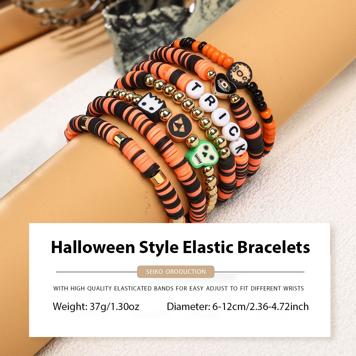 7 Pieces Halloween Soft Ceramic Zinc Alloy heart alphabet Handmade Beaded Elastic Adjustable Fashion Bracelet Set