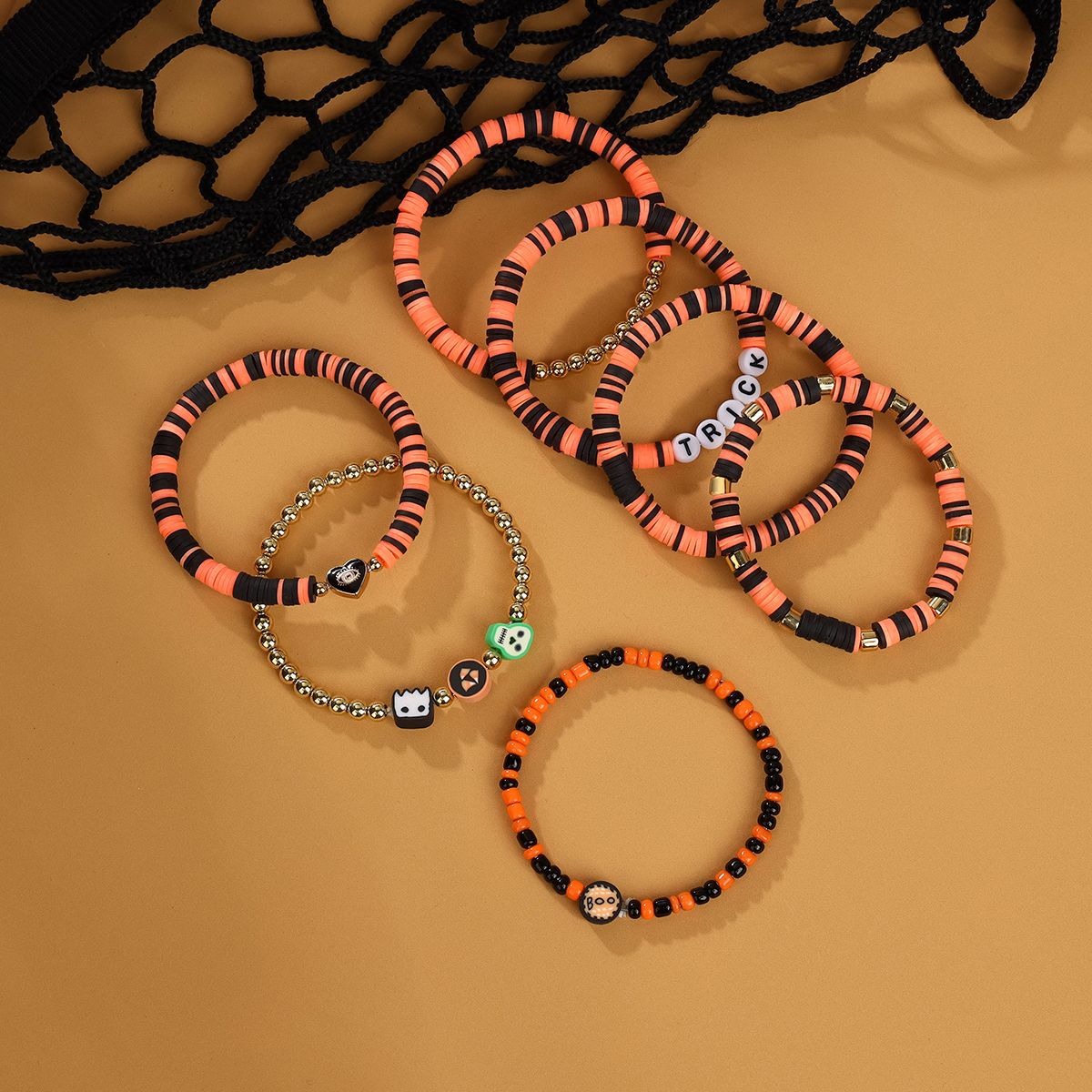 7 Pieces Halloween Soft Ceramic Zinc Alloy heart alphabet Handmade Beaded Elastic Adjustable Fashion Bracelet Set