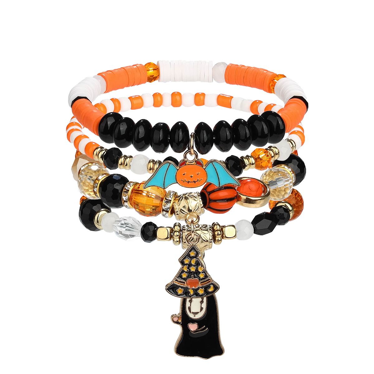 4 Pieces Halloween Soft Ceramic Zinc Alloy Bat Ghost Handmade Beaded Elastic Adjustable Fashion Bracelet Set