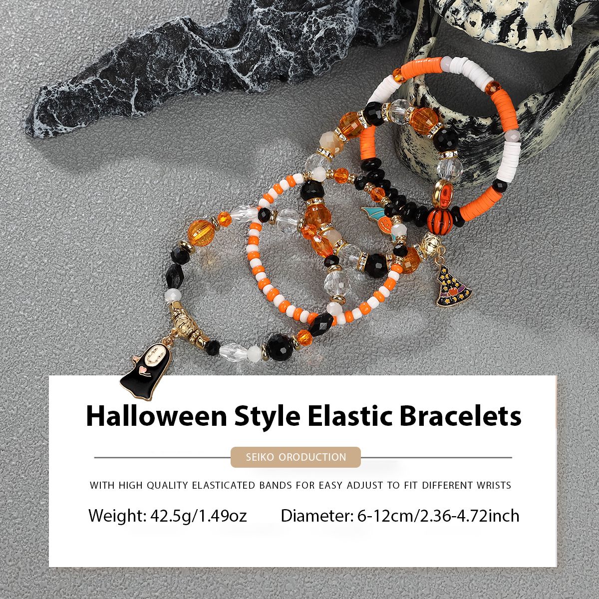 4 Pieces Halloween Soft Ceramic Zinc Alloy Bat Ghost Handmade Beaded Elastic Adjustable Fashion Bracelet Set