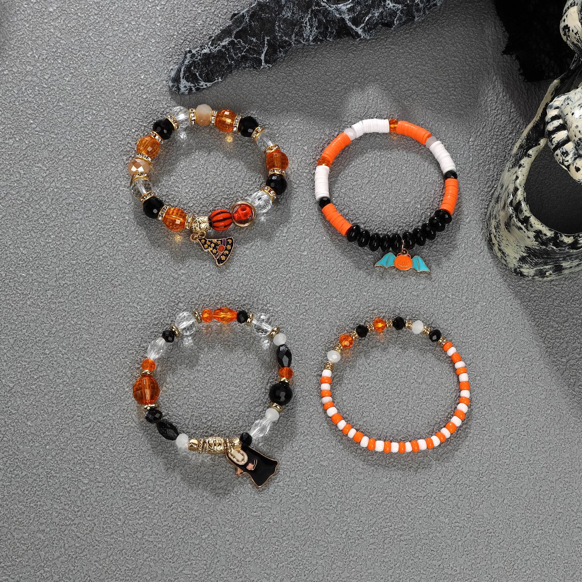 4 Pieces Halloween Soft Ceramic Zinc Alloy Bat Ghost Handmade Beaded Elastic Adjustable Fashion Bracelet Set