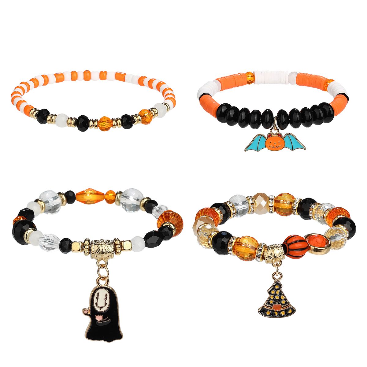 4 Pieces Halloween Soft Ceramic Zinc Alloy Bat Ghost Handmade Beaded Elastic Adjustable Fashion Bracelet Set