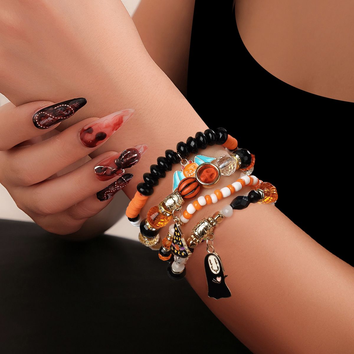 4 Pieces Halloween Soft Ceramic Zinc Alloy Bat Ghost Handmade Beaded Elastic Adjustable Fashion Bracelet Set