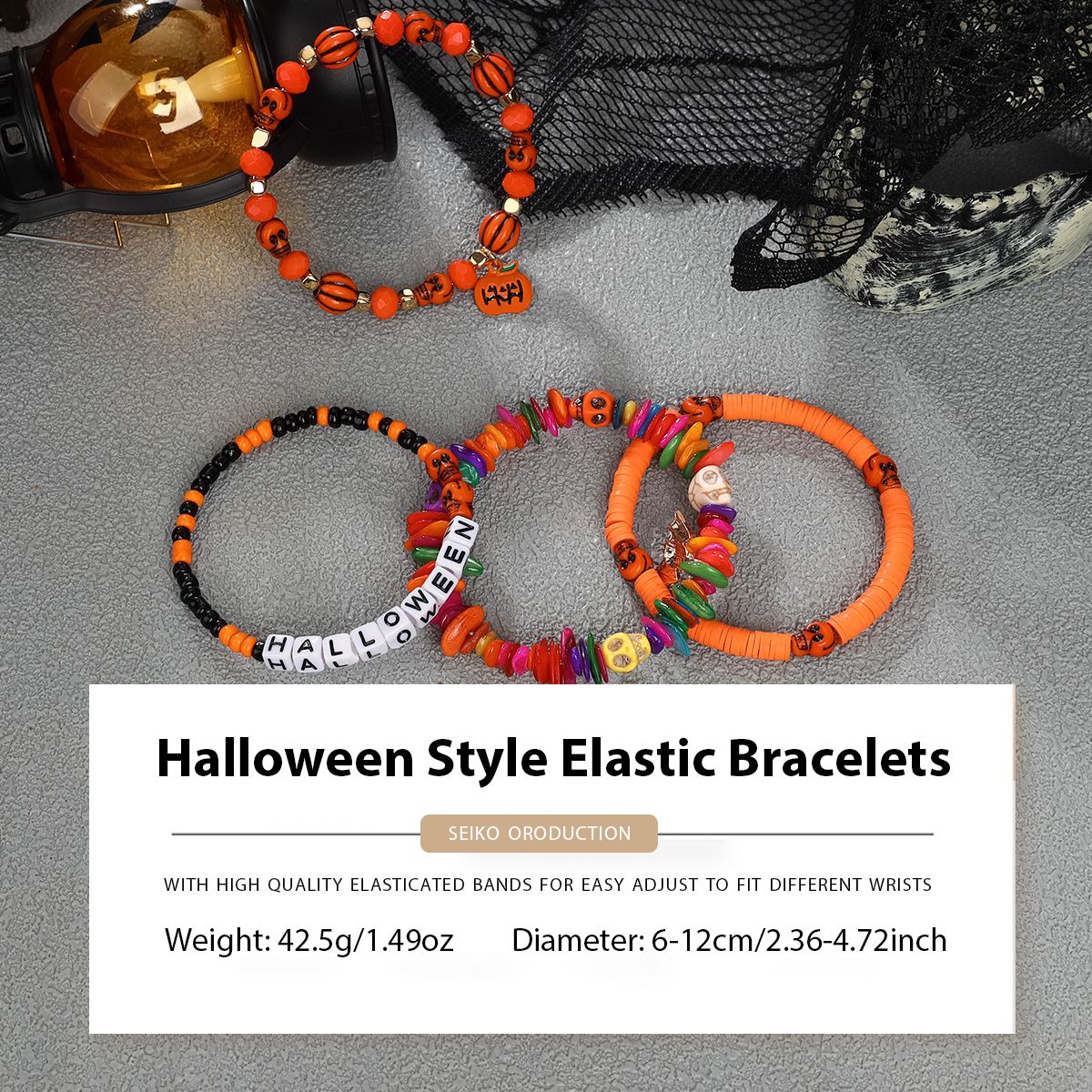 4 Pieces Halloween Soft Ceramic Zinc Alloy Pumpkin Bat alphabet Handmade Beaded Elastic Adjustable Fashion Bracelet Set