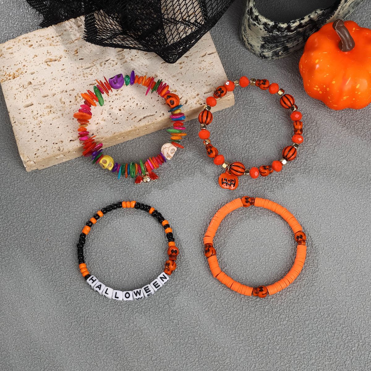 4 Pieces Halloween Soft Ceramic Zinc Alloy Pumpkin Bat alphabet Handmade Beaded Elastic Adjustable Fashion Bracelet Set