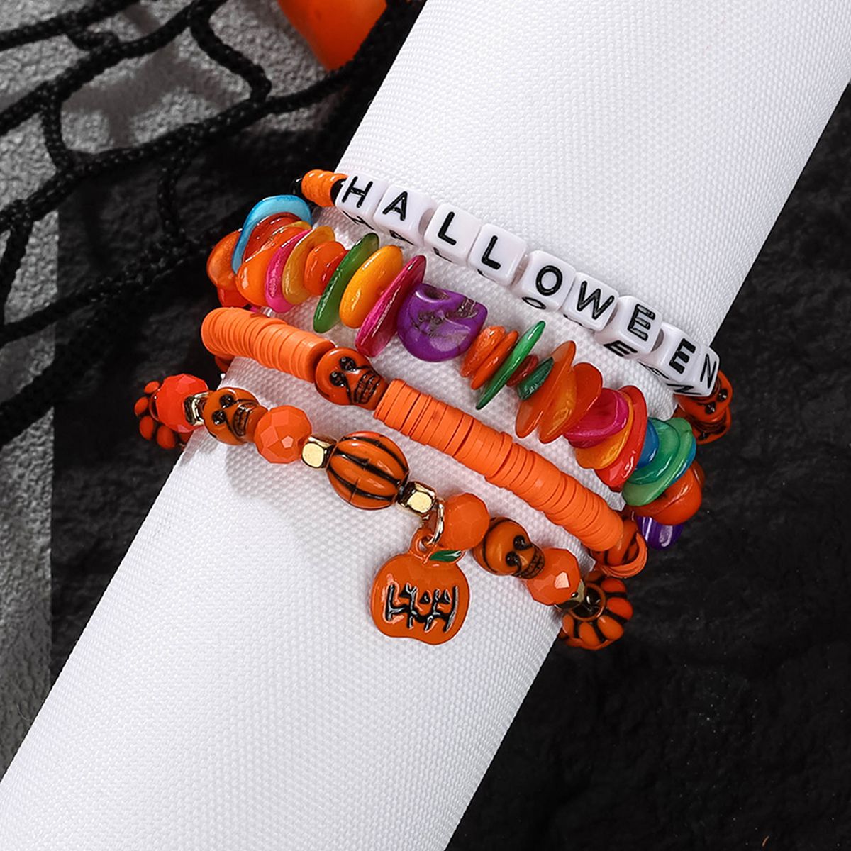 4 Pieces Halloween Soft Ceramic Zinc Alloy Pumpkin Bat alphabet Handmade Beaded Elastic Adjustable Fashion Bracelet Set