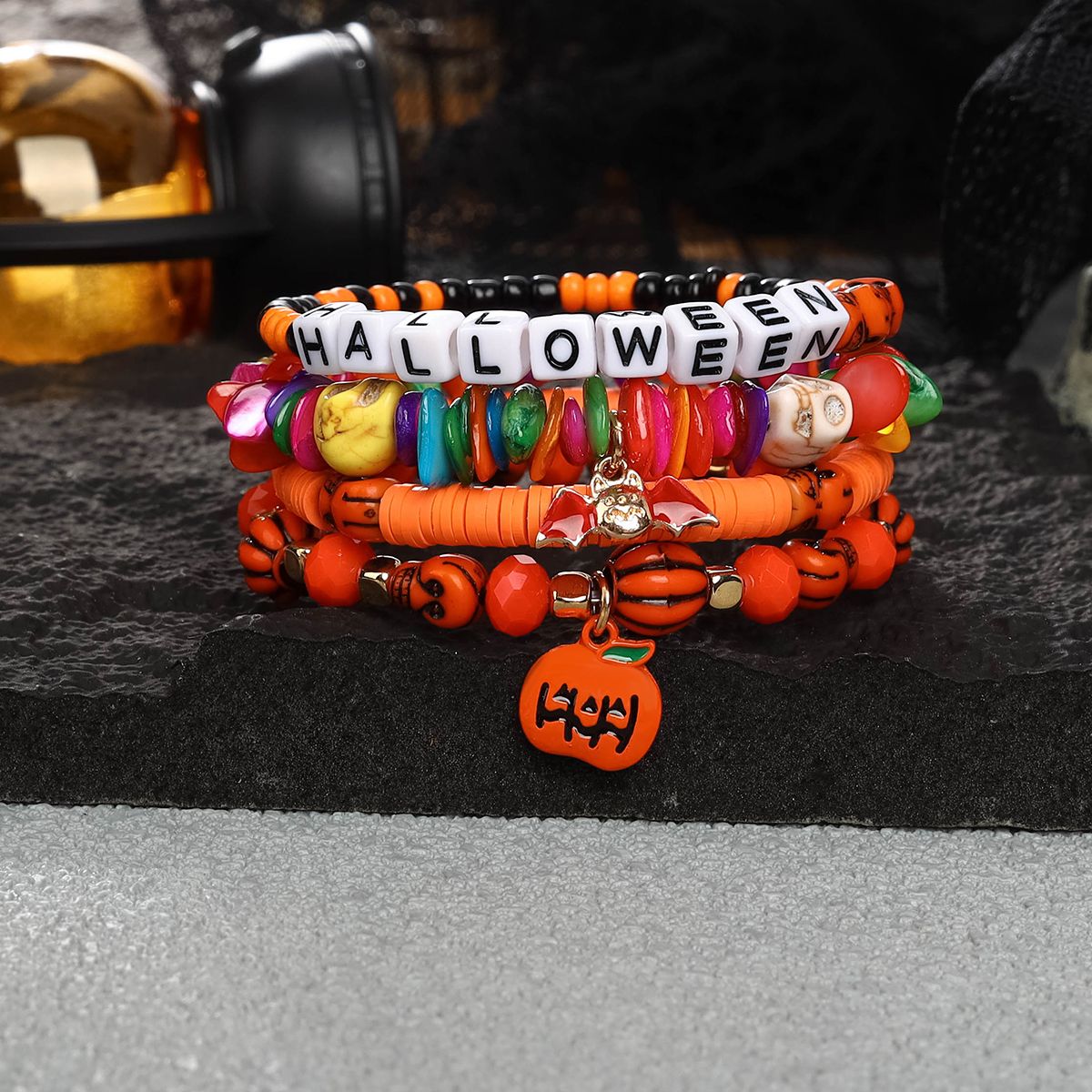 4 Pieces Halloween Soft Ceramic Zinc Alloy Pumpkin Bat alphabet Handmade Beaded Elastic Adjustable Fashion Bracelet Set