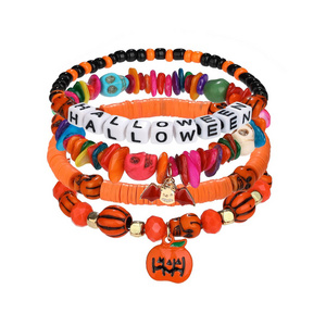 4 Pieces Halloween Soft Ceramic Zinc Alloy Pumpkin Bat alphabet Handmade Beaded Elastic Adjustable Fashion Bracelet Set