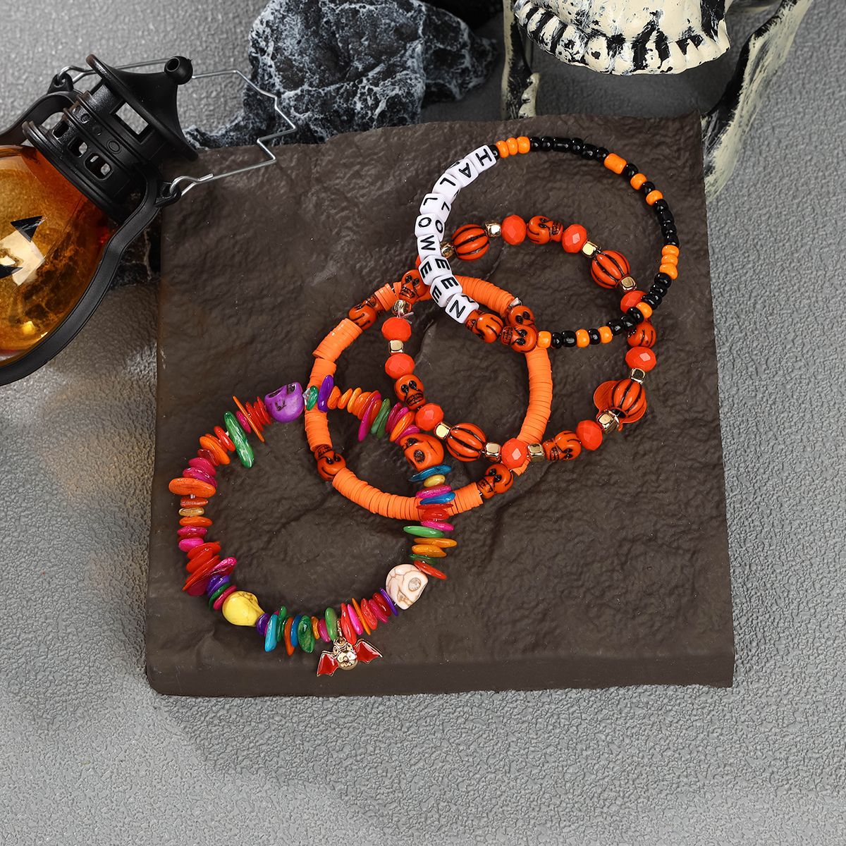 4 Pieces Halloween Soft Ceramic Zinc Alloy Pumpkin Bat alphabet Handmade Beaded Elastic Adjustable Fashion Bracelet Set