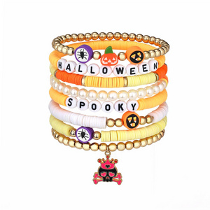 8 Pieces Halloween Soft Ceramic Zinc Alloy Pumpkin Alphabet Handmade Beaded Elastic Adjustable Fashion Bracelet Set