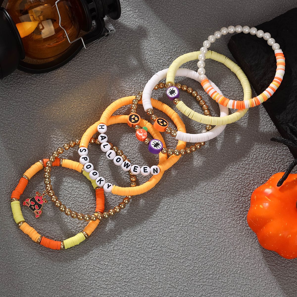 8 Pieces Halloween Soft Ceramic Zinc Alloy Pumpkin Alphabet Handmade Beaded Elastic Adjustable Fashion Bracelet Set