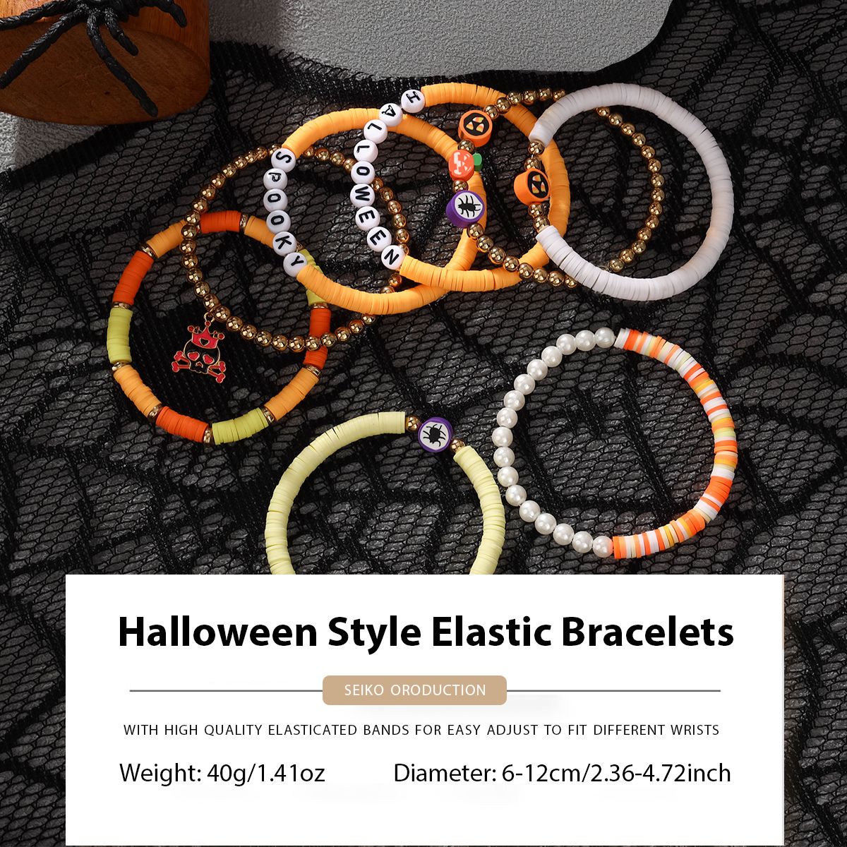 8 Pieces Halloween Soft Ceramic Zinc Alloy Pumpkin Alphabet Handmade Beaded Elastic Adjustable Fashion Bracelet Set