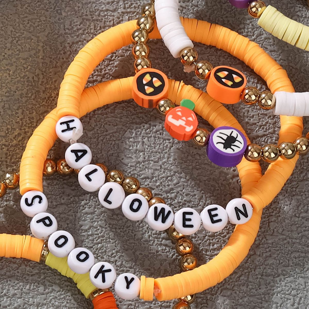 8 Pieces Halloween Soft Ceramic Zinc Alloy Pumpkin Alphabet Handmade Beaded Elastic Adjustable Fashion Bracelet Set