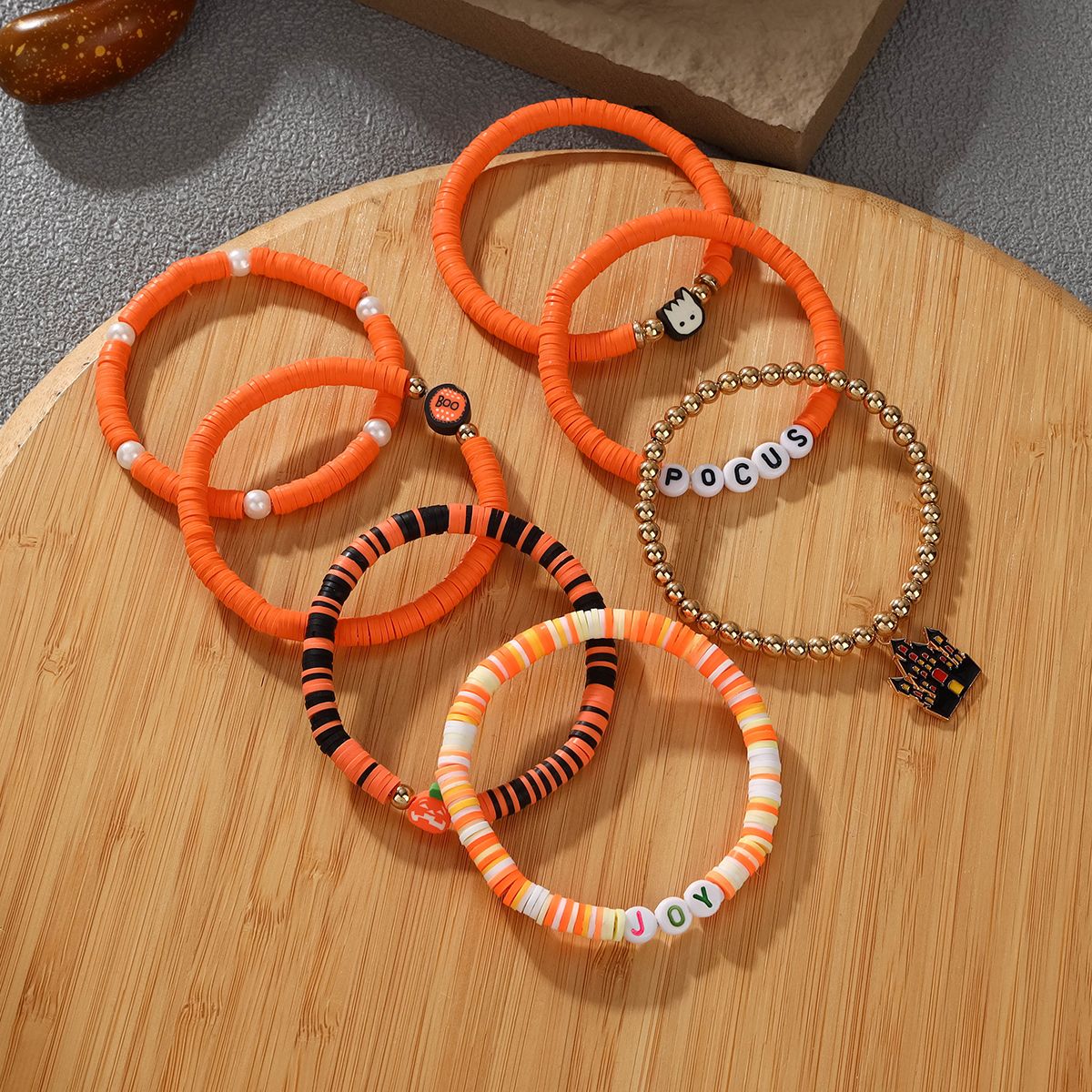 7 Pieces Halloween Soft Ceramic Zinc Alloy Castle Pumpkin Alphabet Handmade Beaded Elastic Adjustable Fashion Bracelet Set