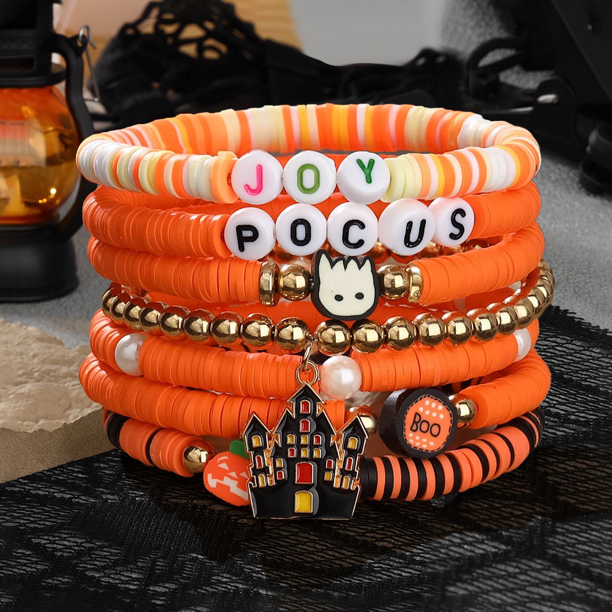 7 Pieces Halloween Soft Ceramic Zinc Alloy Castle Pumpkin Alphabet Handmade Beaded Elastic Adjustable Fashion Bracelet Set