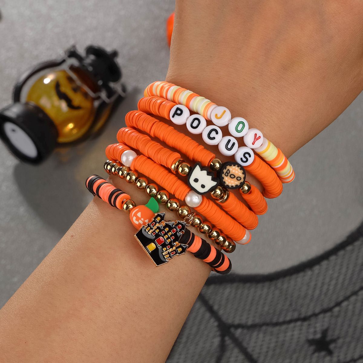 7 Pieces Halloween Soft Ceramic Zinc Alloy Castle Pumpkin Alphabet Handmade Beaded Elastic Adjustable Fashion Bracelet Set