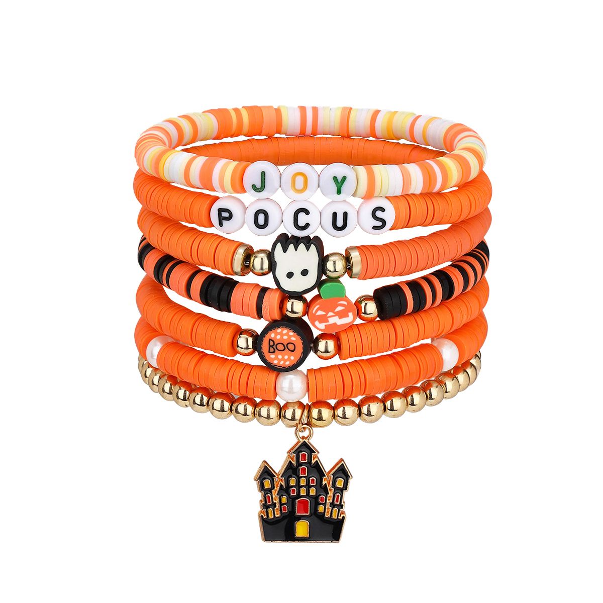 7 Pieces Halloween Soft Ceramic Zinc Alloy Castle Pumpkin Alphabet Handmade Beaded Elastic Adjustable Fashion Bracelet Set