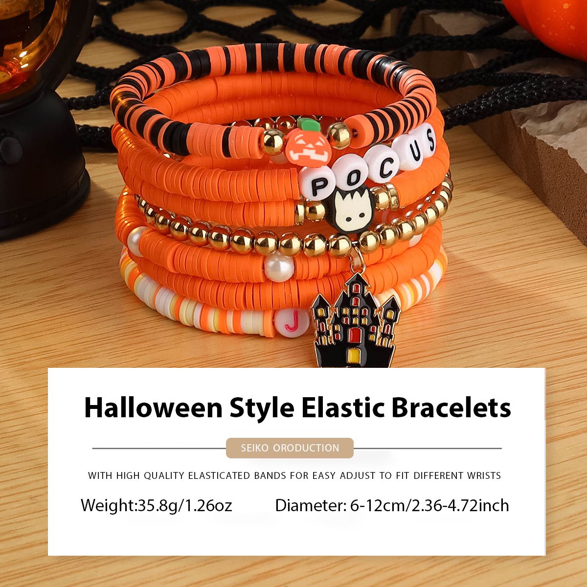 7 Pieces Halloween Soft Ceramic Zinc Alloy Castle Pumpkin Alphabet Handmade Beaded Elastic Adjustable Fashion Bracelet Set