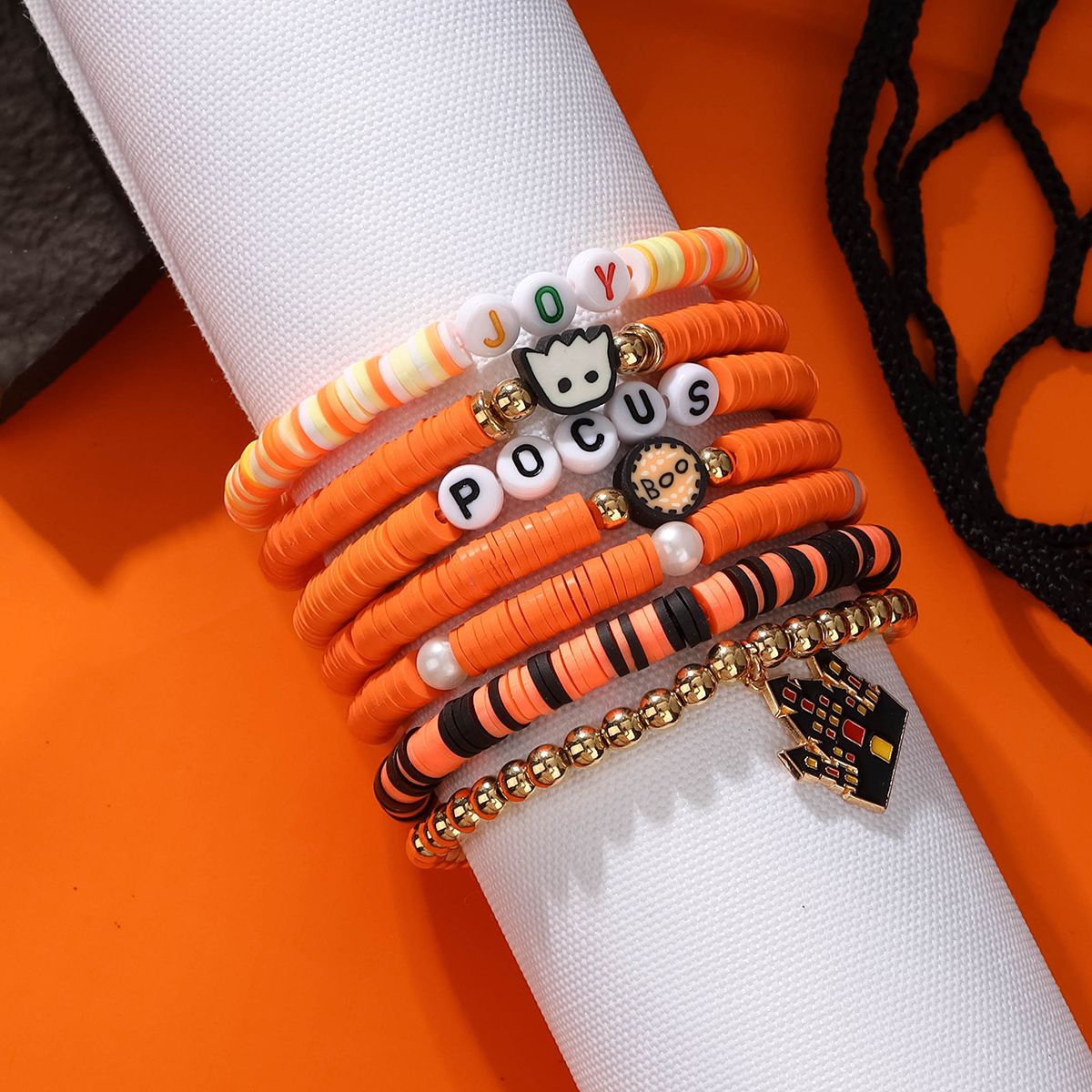 7 Pieces Halloween Soft Ceramic Zinc Alloy Castle Pumpkin Alphabet Handmade Beaded Elastic Adjustable Fashion Bracelet Set