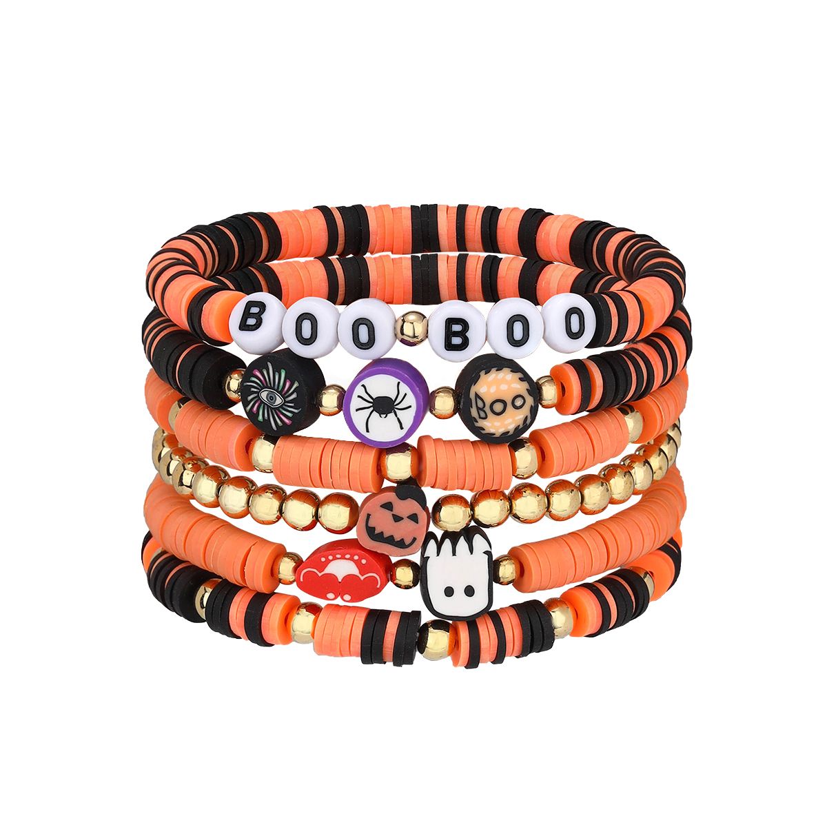 6 Pieces Halloween Soft Ceramic Zinc Alloy Pumpkin Alphabet Eyes Handmade Beaded Elastic Adjustable Fashion Bracelet Set