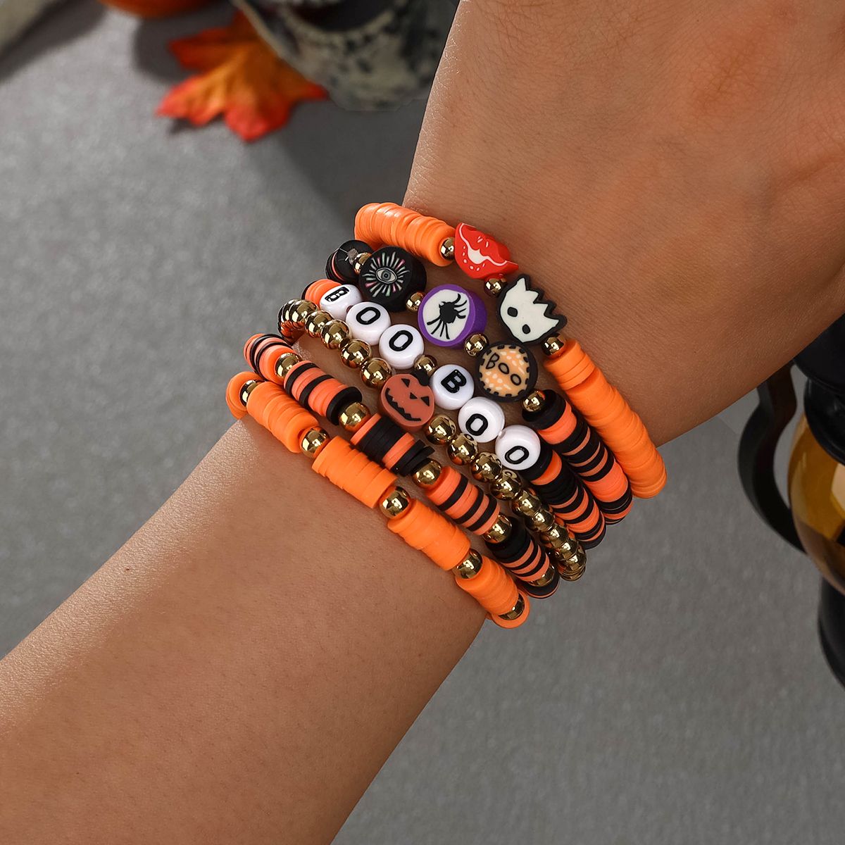 6 Pieces Halloween Soft Ceramic Zinc Alloy Pumpkin Alphabet Eyes Handmade Beaded Elastic Adjustable Fashion Bracelet Set