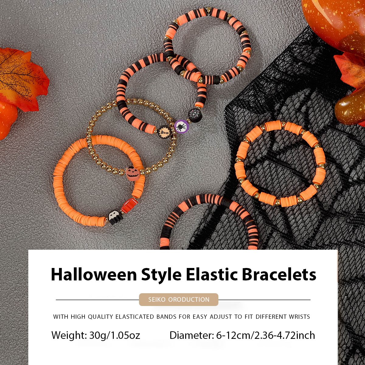 6 Pieces Halloween Soft Ceramic Zinc Alloy Pumpkin Alphabet Eyes Handmade Beaded Elastic Adjustable Fashion Bracelet Set