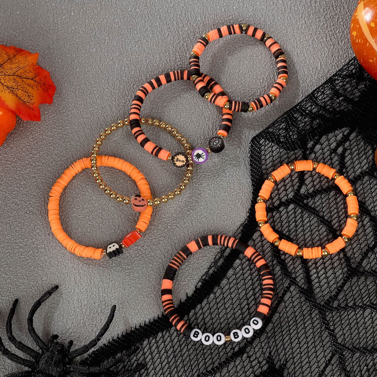 6 Pieces Halloween Soft Ceramic Zinc Alloy Pumpkin Alphabet Eyes Handmade Beaded Elastic Adjustable Fashion Bracelet Set