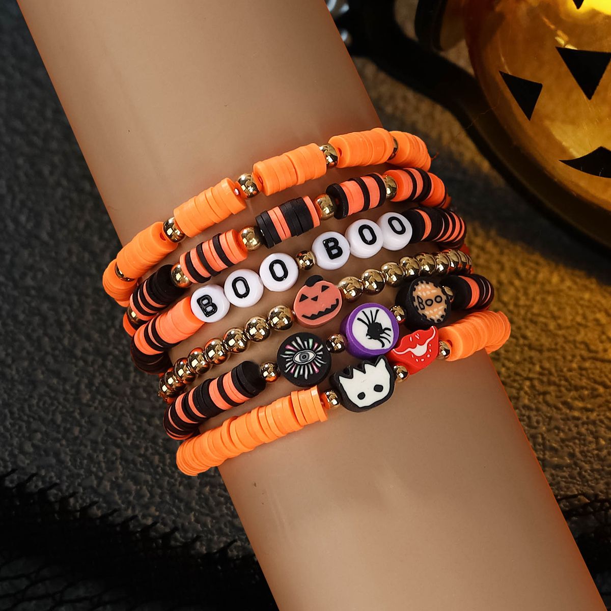 6 Pieces Halloween Soft Ceramic Zinc Alloy Pumpkin Alphabet Eyes Handmade Beaded Elastic Adjustable Fashion Bracelet Set