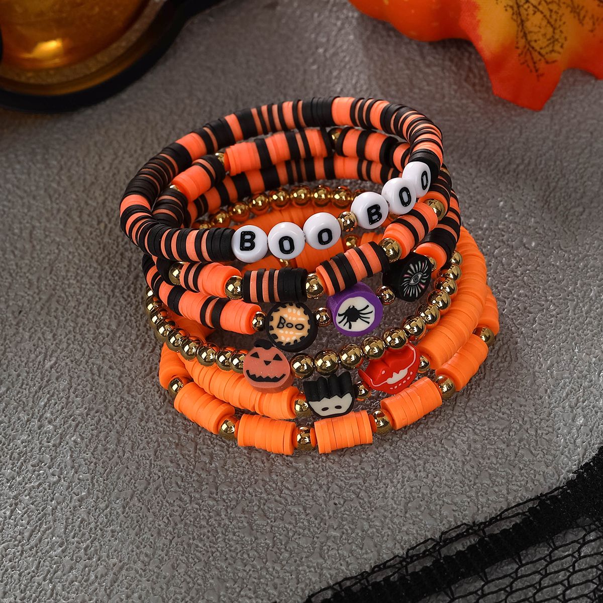 6 Pieces Halloween Soft Ceramic Zinc Alloy Pumpkin Alphabet Eyes Handmade Beaded Elastic Adjustable Fashion Bracelet Set