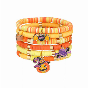 6 Pieces Halloween Soft Ceramic Zinc Alloy Pumpkin Bat Handmade Beaded Elastic Adjustable Fashion Bracelet Set