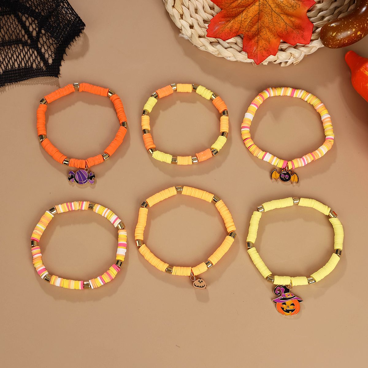 6 Pieces Halloween Soft Ceramic Zinc Alloy Pumpkin Bat Handmade Beaded Elastic Adjustable Fashion Bracelet Set