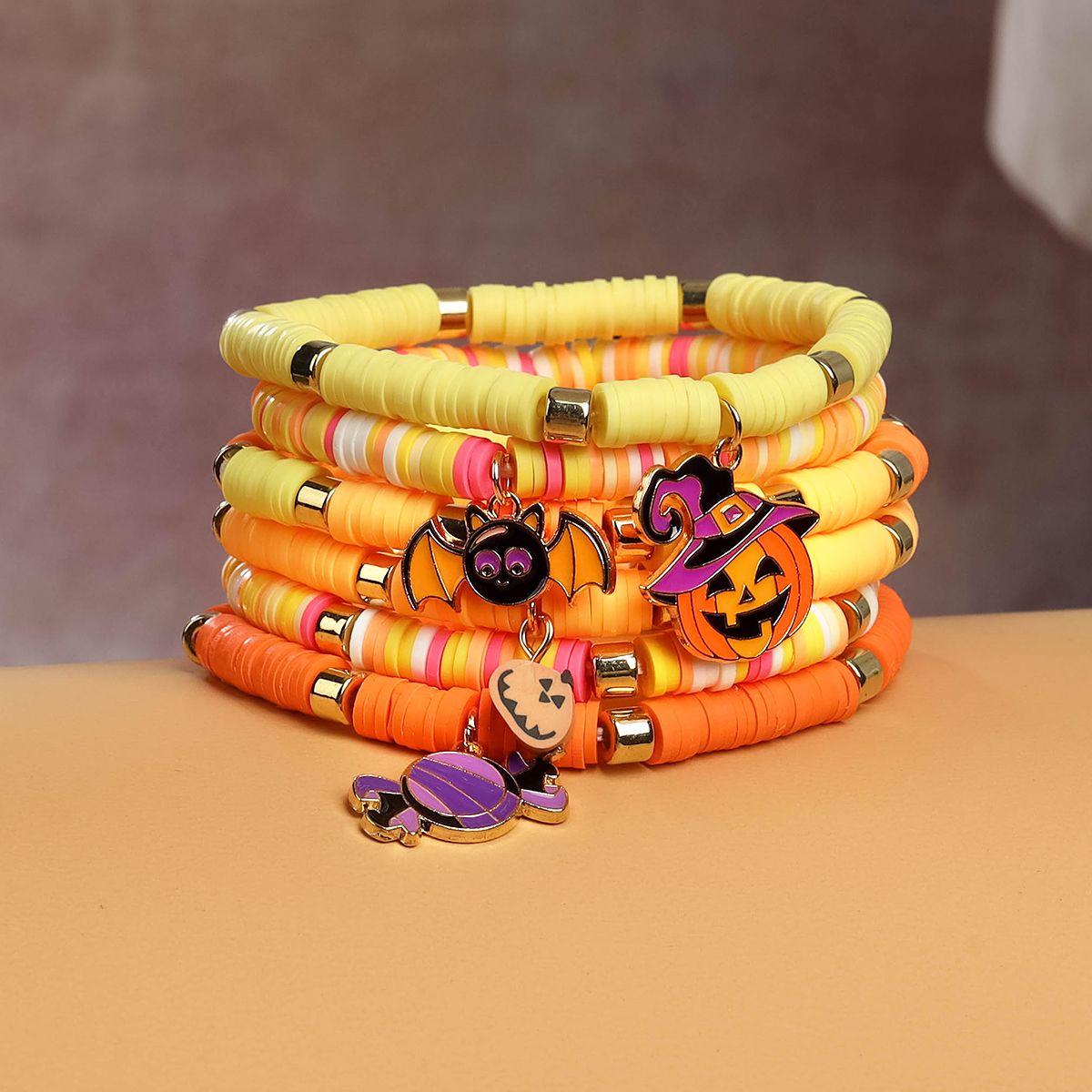 6 Pieces Halloween Soft Ceramic Zinc Alloy Pumpkin Bat Handmade Beaded Elastic Adjustable Fashion Bracelet Set