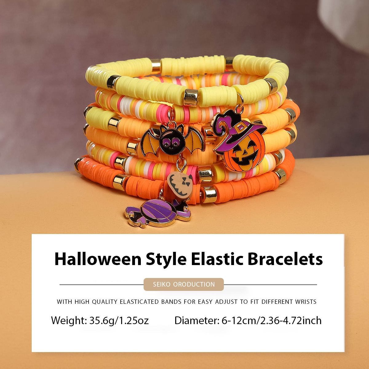 6 Pieces Halloween Soft Ceramic Zinc Alloy Pumpkin Bat Handmade Beaded Elastic Adjustable Fashion Bracelet Set