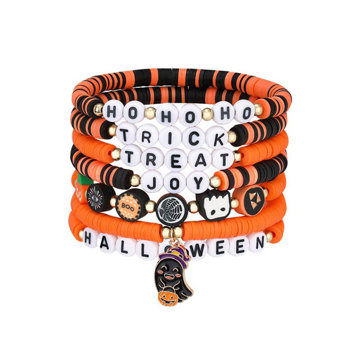 7 Pieces Halloween Soft Ceramic Zinc Alloy Ghost Pumpkin Alphabet Handmade Beaded Elastic Adjustable Fashion Bracelet Set