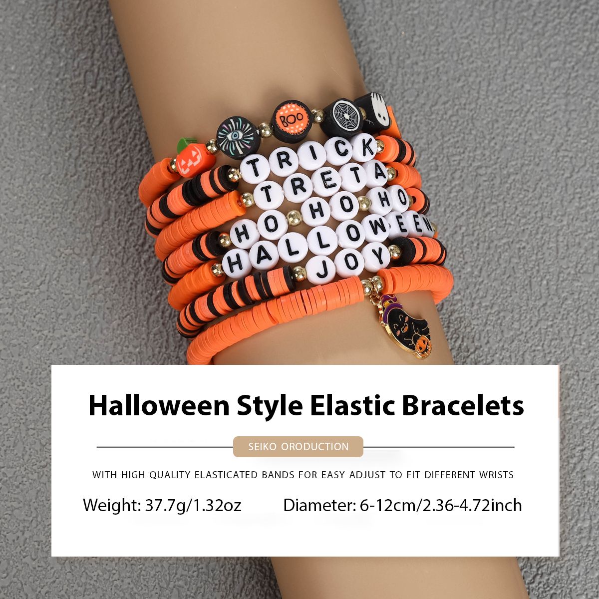 7 Pieces Halloween Soft Ceramic Zinc Alloy Ghost Pumpkin Alphabet Handmade Beaded Elastic Adjustable Fashion Bracelet Set